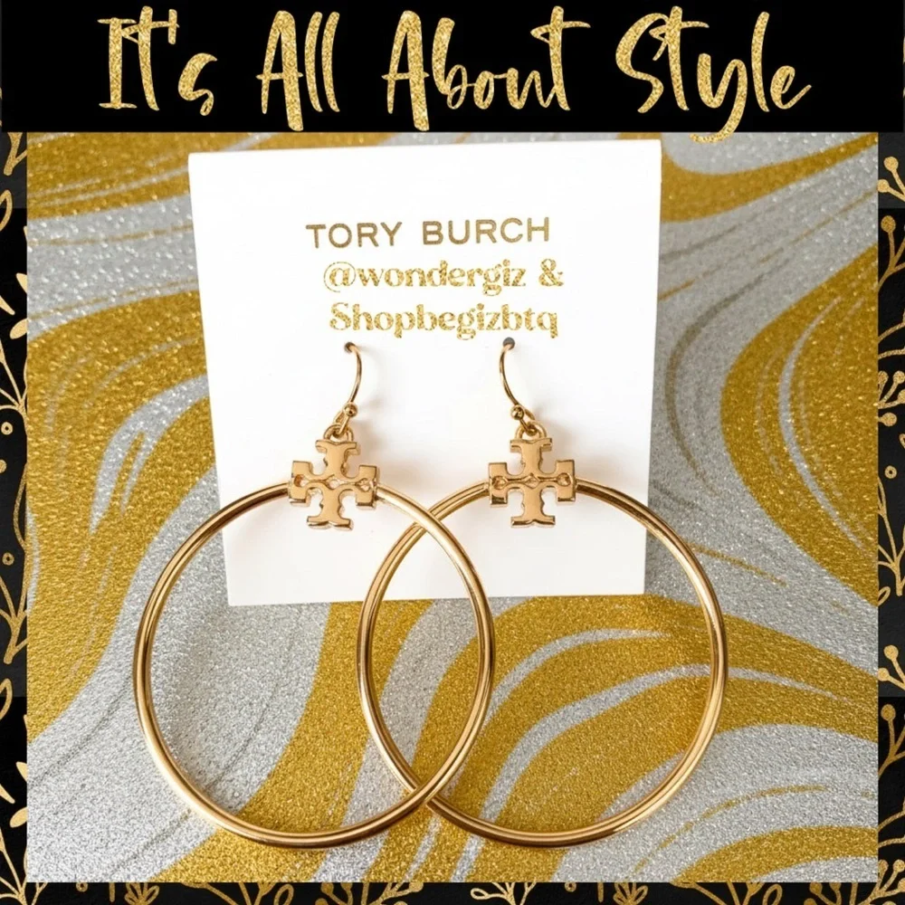 Authentic Tory Burch Metallic Gold Kira Stacked-T Logo Hoop Earring NWOT